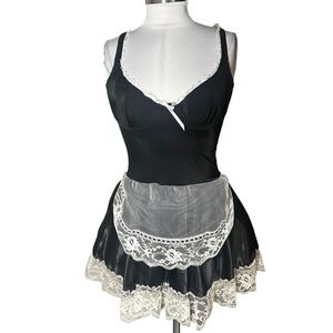 Jolie Intimates Maid Costume Size M Black Lace Trim Apron Bodysuit Ruffle Skirt